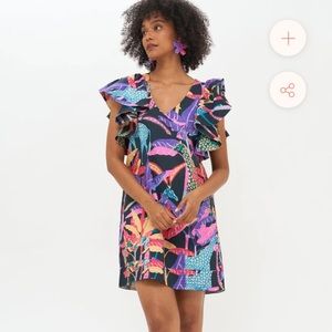 Oliphant Flirty V neck mini dress in green tropical print M